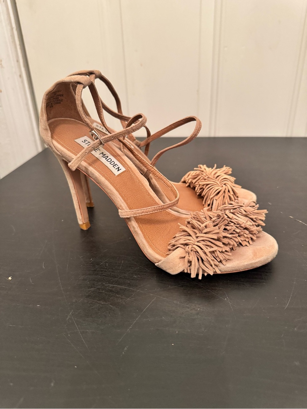 Steve Madden Franceli Strappy Stiletto Fringe Suede Tan Nude 8